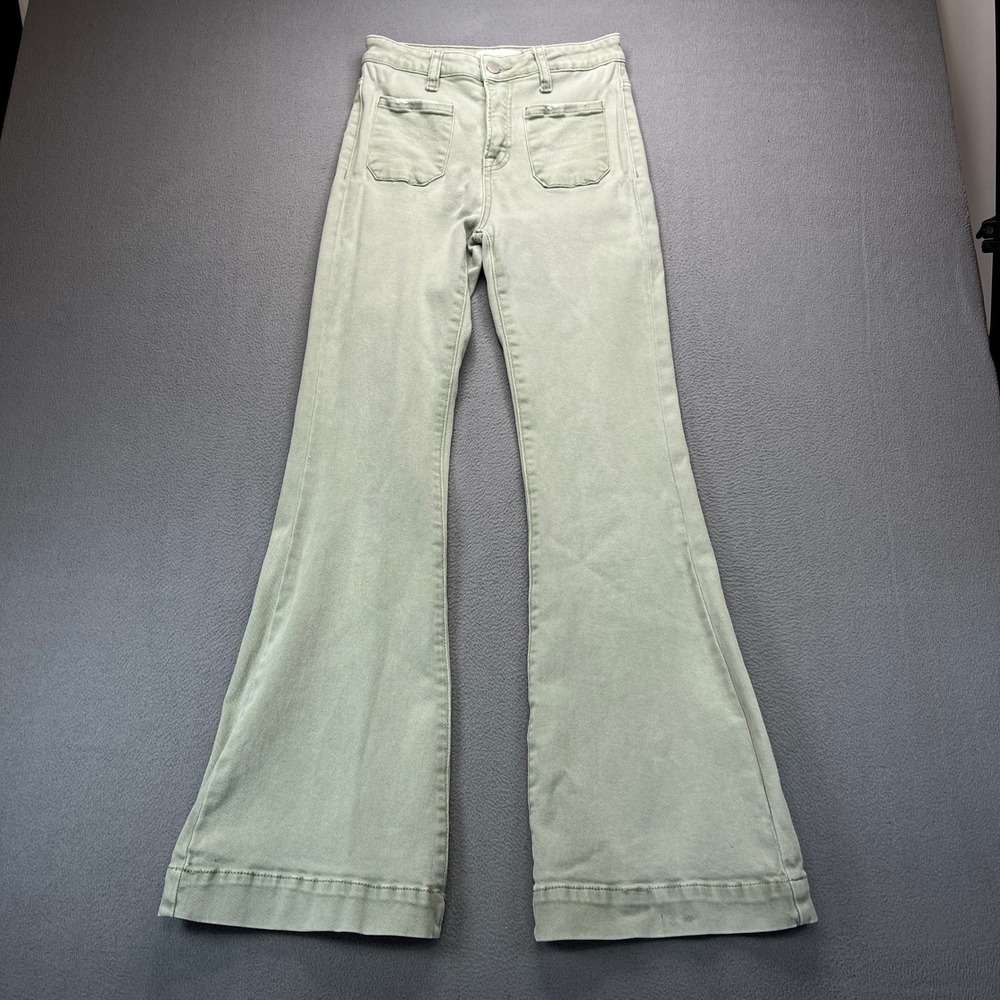Risen Jeans Flare Leg Pants Womens 3/26 Sage Green Cotton Utility High Rise Boho